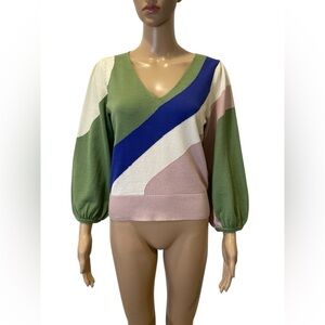 Joie Sunland Intarsia Cotton Colorful V-Neck Women's Sweater size XS